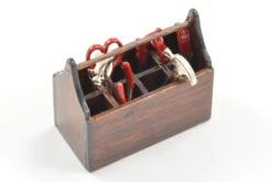Wood Tool Box With Cast Metal Tools
